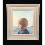 S. LOVELL, 04, OIL ON CANVAS Portrait of a child with seascape beyond, framed. (38cm x 43cm