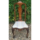 AN 18TH CENTURY DUTCH WALNUT AND MARQUETRY INLAID SINGLE CHAIR With overstuffed seat, raised on