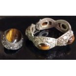 A CHINESE FILIGREE AND TIGERS EYE BRACELET AND MATCHING BROOCH The bracelet having five cabouchon