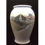 ROYAL COPENHAGEN PORCELAIN, DENMARK, A 20TH CENTURY VASE Hand painted with a log cabin by a