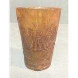 AN EARLY 19TH CENTURY HORN CUP Finely engraved with a cock fighting and dog fighting scene, with
