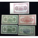 BANK OF KWANG-TUNG, 1948, THREE $5, TWO £10 AND $50 ($5 VF and one UMC) ($10 & $50 EF and UMC).