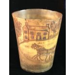 AN 18TH/19TH CENTURY HORN CUP Finely engraved with a coaching scene and country houses. (8cm)