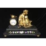 A LARGE FRENCH MANTLE CLOCK OF BLACK BELGIAN SLATE AND ARCHITECTURAL FORM Inset and faced with