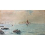 J.W. EYTON, A LATE 19TH CENTURY WATERCOLOUR Seascape, titled 'Puffin Island', a single sailing