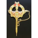 A HEAVY HALLMARKED 19TH CENTURY IRISH 18CT GOLD AND ENAMEL BROOCH Of Celtic design and formed as a