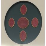 FIVE ANTIQUE RED WAX ROUNDELS MEDIEVAL FIGURES Coat of arms and Royal ship, mounted, framed and