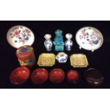 A COLLECTION OF 19TH CENTURY CHINESE PORCELAIN, ENAMEL AND LACQUERWARE ITEMS To include a pair of