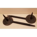 A PAIR OF 18TH/19TH IRON WALL DRIVEN PRICKET CANDLE HOLDERS With drip pans and screw thread