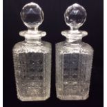 A PAIR OF EARLY 20TH CENTURY HOBNAIL CUT HEXAGONAL SPIRIT DECANTERS AND STOPPERS. (approx h 24cm)