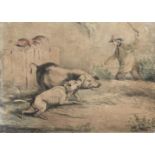 PARDON DEBTS, CANTERBURY, 1820, A HAND COLOURED STIPPLE ENGRAVING A pig being attacked by a dog,