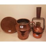 A 19TH CENTURY COPPER GIMBAL MOUNTED HOT WATER BOTTLE Along with a heavy copper jug and heavy copper