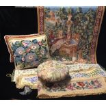 A SELECTION OF VARIOUS NEEDLEWORK ITEMS To include four wall hangings, the largest being a