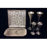 A. TANEEZ, PAKISTAN, A WHITE METAL PIERCED SQUARE SERVING TRAY Decorated with scrolls and flowers,