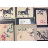 A SELECTION OF TEN FRAMED CHINESE PEN AND INK AND WATERCOLOURS To include horses, flowers etc,