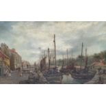 EDWARD MILLS 19TH CENTURY, OIL ON CANVAS A view of Eyemouth harbour with boats and fisher folk on