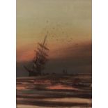 C. FAY, AN EARLY 20TH CENTURY WATERCOLOUR Seascape, sunset scene, a floundered tall ship with a
