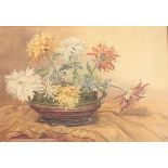 L. BROWN, AN EARLY 20TH CENTURY WATERCOLOUR Still life, flowers held in a Majolica pottery vase,