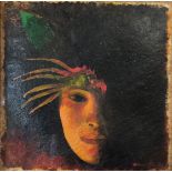 ADRIAN GEORGE, A 20TH CENTURY ACRYLIC ON CORK Portrait of a Polynesian girl, titled 'UA HUKA', which