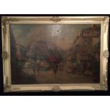 R. ROMIG?, AN EARLY 20TH CENTURY OIL ON CANVAS French street scene, figures walking in front of a