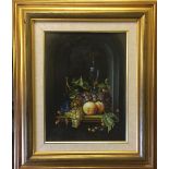 A 20TH CENTURY OIL ON BOARD Still life, fruit, gilt framed and signed with initials. (52cm x 62cm