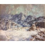 A 20TH CENTURY OIL ON CANVAS Canadian mountain scape, with snow covered peaks under grey skies,