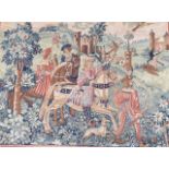 A LARGE MEDIEVAL STYLE WOOLWORK TAPESTRY 'The Falcon Hunt', three riders on horseback, one dressed