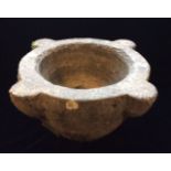 A 19TH CENTURY WHITE MARBLE MORTAR BOWL Having four elliptical corners and a tapering body, with