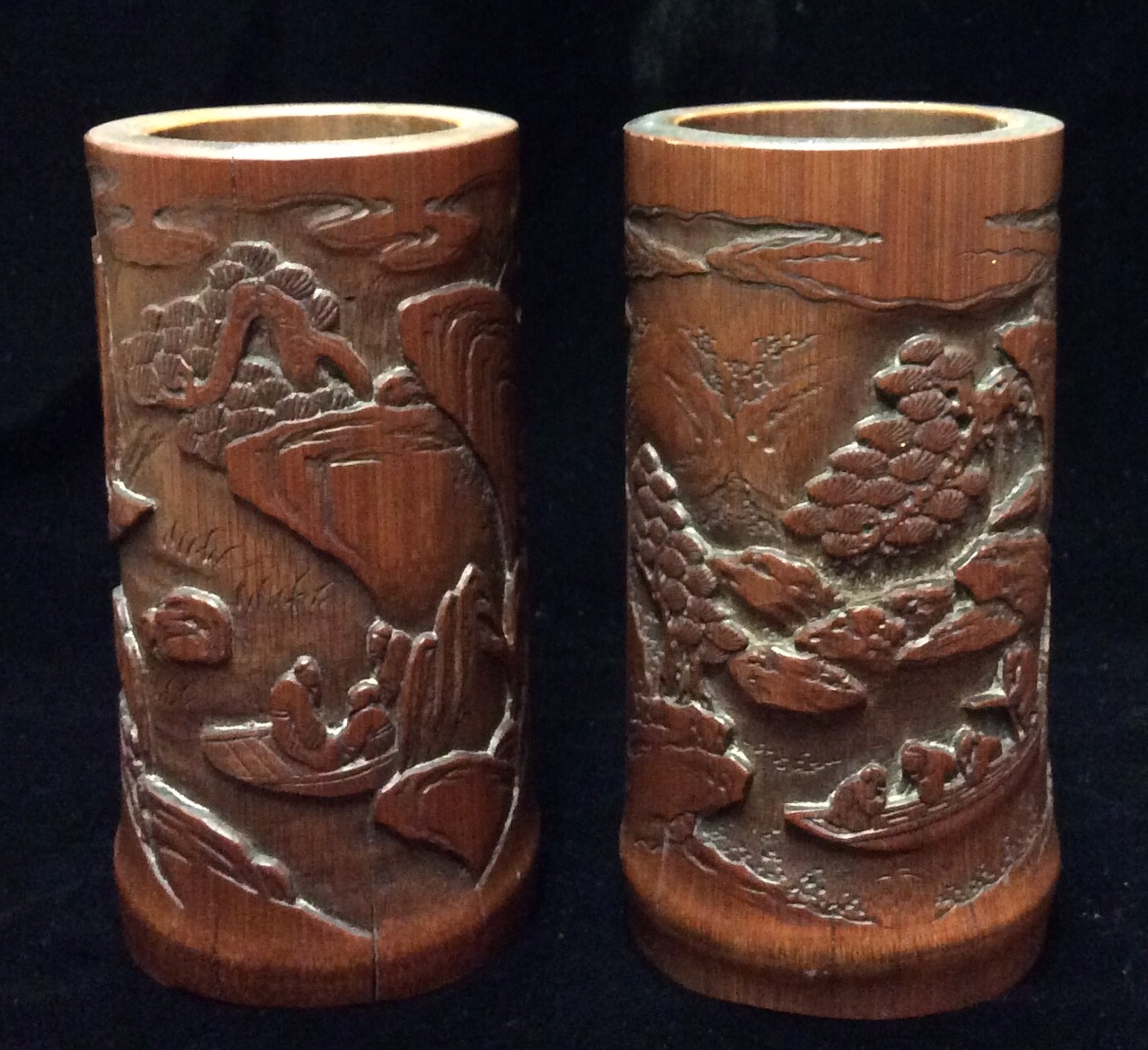 A PAIR OF CHINESE BAMBOO BRUSH POTS.