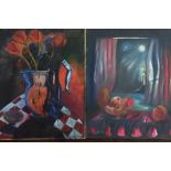 CARL GOLDSMIT, TWO 20TH CENTURY OILS ON CANVAS Colourful interiors, unframed. (each approx 40cm x