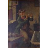 A 19TH CENTURY CONTINENTAL SCHOOL OIL ON CANVAS Interior scene with violinist lighting his pipe,