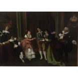 A CONTINENTAL SCHOOL OIL ON CANVAS Titled 'The Matchmaker', a 17th Century interior scene, gilt