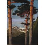 OATWAY, A 20TH CENTURY OIL ON CANVAS Mountain landscape with pine trees in foreground, framed. (50cm