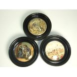 3 Ebonised Framed Victorian Pot Lids - Uncle Toby, the Game Bag and Racing Scene (4" diameter).