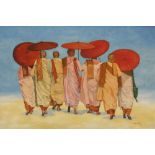 Oil on Canvas Paintings of Tibetan Monks. Indistinctly Signed. (24" x 36")