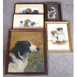 3 Framed Paintings of Dogs plus 2 Prints.