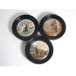 3 Ebonised Framed Victorian Pot Lids - Landing the Fare, Pegwell Bay and 2 others (4" diameter).