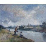 MATT BRUCE (1915 - 2000) - Sussex River, Boys Fishing. Oil on Board. Signed. (9.5" x 11.5").