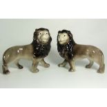 Pair of 19th Century Glazed Staffordshire Pottery Lions - 7" high.