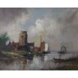 **DOUGEN - Sail Boats by a Church. Oil on Canvas. Signed (15.5" x 19.5").