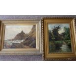 2 Framed Oil Paintings on Canvas. Unsigned - Coastal Castle (14.5" x 19.5") and House by River (