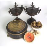 Continental Ebonised, Brass and Enamel Jewellery Box, Pair of Bronze Lidded Urns and Continental