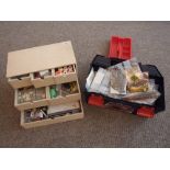 Wooden 6 Drawer Box and Tool Box of Fly Tying Equipment etc incl. Vice, Tools, Capes, Furs,