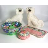 3 pieces of Malingware and a Pair of Staffordshire Wally Dogs.