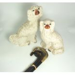 2 Staffordshire Walyl Dogs, Gold Mounted Horn Handled Black Lacquered Walking Stick and 2 others.