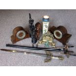 Miscellaneous Lot - 2 Mantel Clocks, 4 Ornamental Swords, Brass Letter Racks, Ornamental Figures