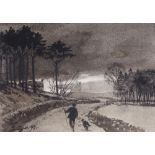 Tom Scott (1854-1927) - SHEPHERD WITH DOG RETURNING HOME. Monochrome watercolour. Signed. Dated