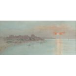 *Frank Watson Wood (1862-1953) - COASTAL TOWN. Watercolour. Signed. Dated 1914. 17cm x 35cm