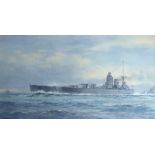 *Frank Watson Wood (1862-1953) - HMS NELSON. Watercolour. Signed. Dated 1934. Titled. 26cm x 48cm