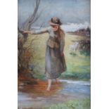Otto Leyde (1835-1897) – PADDLING. Watercolour. Signed. 43cm x 30cm